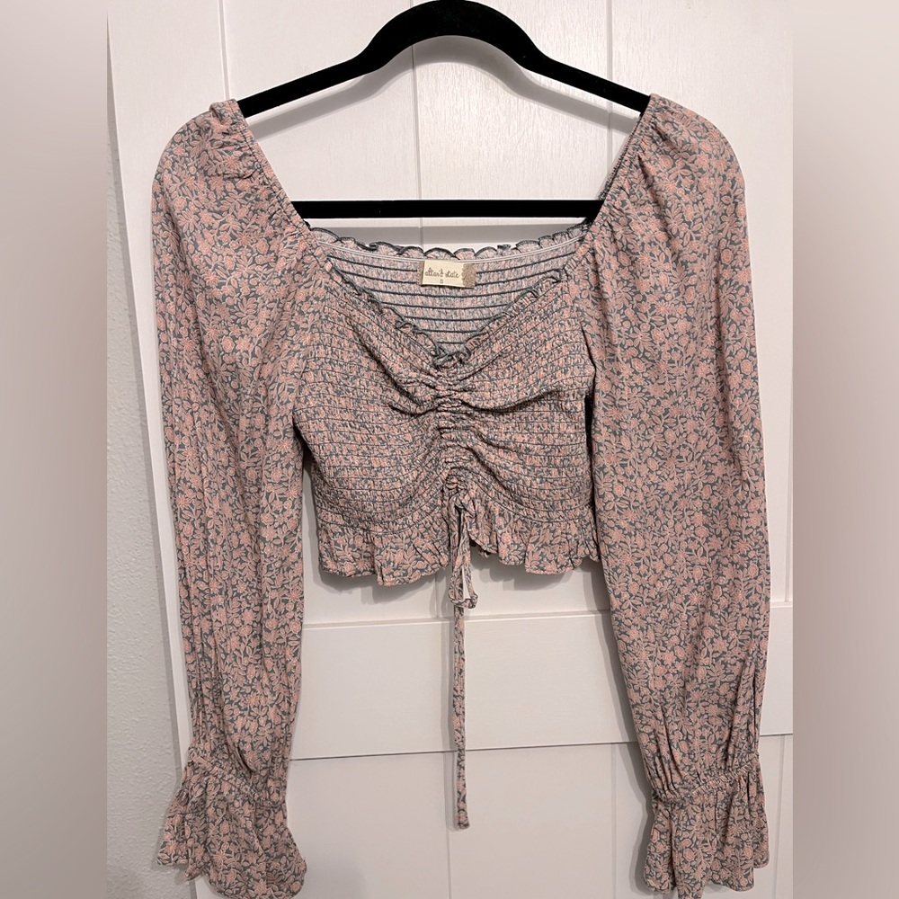 Teal shirt with mauve pink floral pattern cropped long sleeve top
